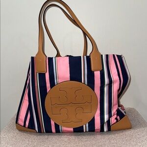 Tory Burch Pink & Navy Striped Canvas Tote with Tan Leather Trim